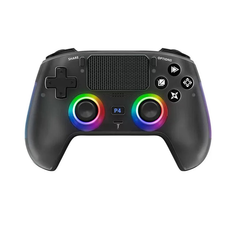 Mando negro con rejilla de altavoz arriba, joysticks con anillos RGB y botones laterales