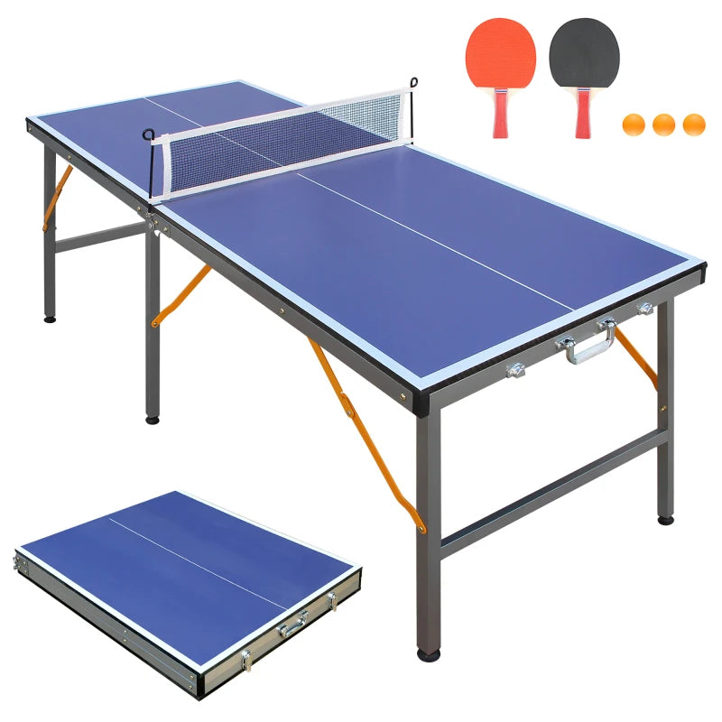 Mesa de ping-pong plegable azul de 152,4×66,04×66,04 cm con 6 patas metálicas estables, plegable para ahorrar espacio, con 10,16 cm de grosor, incluye Set de Pádel, 2 Palas y 3 Pelotas, Patas Antideslizantes, para Interio