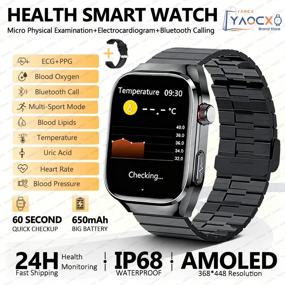 Reloj inteligente para hombre 2026, nuevo modelo con medición de ácido úrico y lípidos en sangre, ECG+PPG, presión arterial, frecuencia cardíaca, llamadas Bluetooth, reloj inteligente de salud