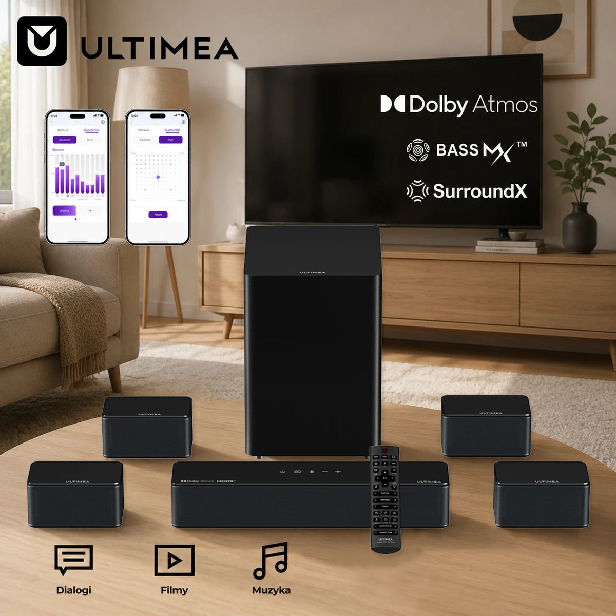 Sistema de sonido envolvente ULTIMEA 7.1 de 460 W Barra de sonido para TV con Dolby Atmos y control por aplicación, altavoz Bluetooth para cine en casa con subwoofer inalámbrico y 4 altavoces envolventes