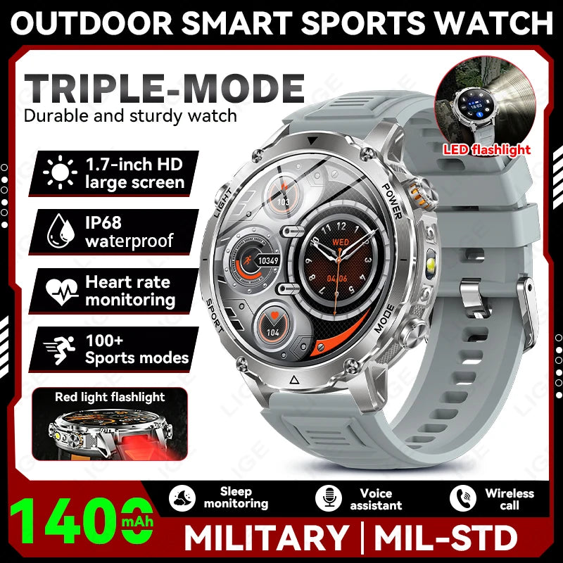 Reloj inteligente militar LIGE TANK Ultra con batería de 1400mAh, resistente al agua 10ATM, frecuencia cardíaca, linterna, pulsera deportiva para hombre y mujer