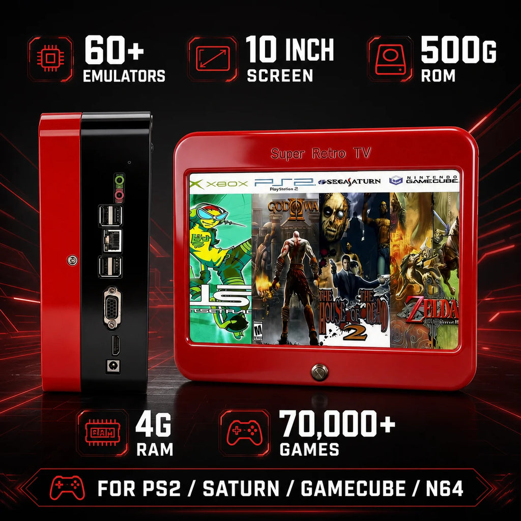 Consola de Juegos Retro T1, Pantalla HD de 10'', Más de 70,000 Juegos, Más de 60 Emuladores, 500GB/1TB/2TB, Plug & Play, 4G/8G RAM