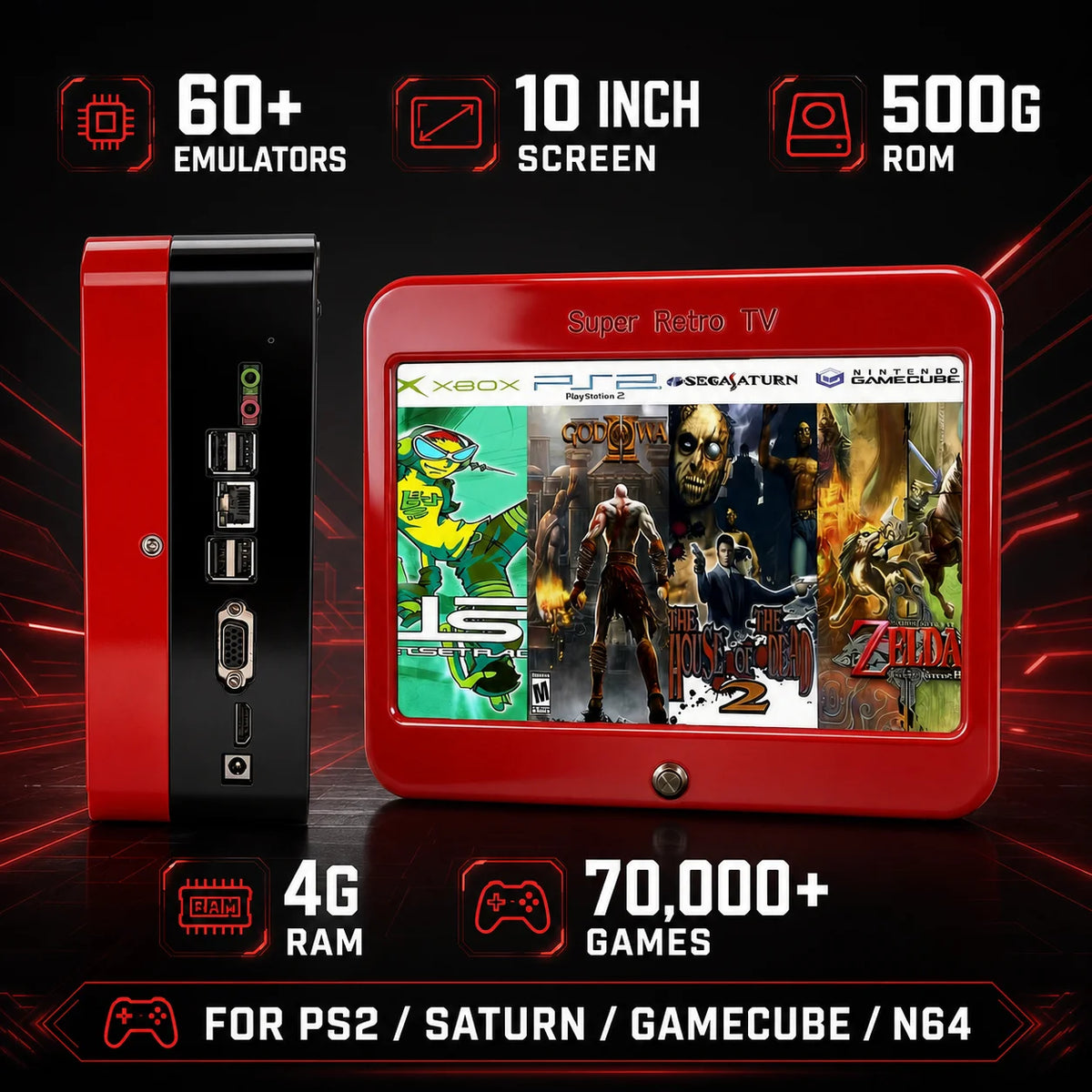 Consola de Juegos Retro T1, Pantalla HD de 10'', Más de 70,000 Juegos, Más de 60 Emuladores, 500GB/1TB/2TB, Plug & Play, 4G/8G RAM