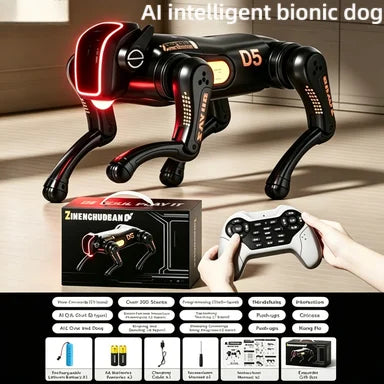 Perro biónico AI blanco y negro con luces rojas; caja del producto y control remoto