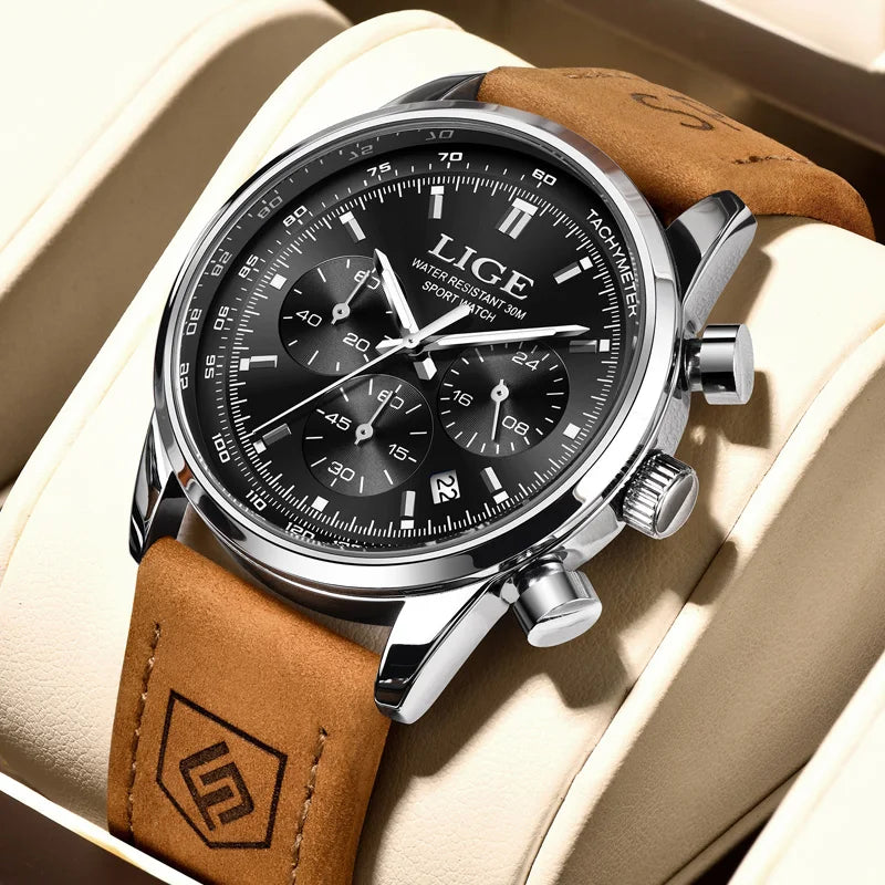 Reloj LIGE de lujo para hombre, cronógrafo de alta calidad, resistente al agua, luminoso, reloj de pulsera de cuarzo con correa de piel, estilo casual