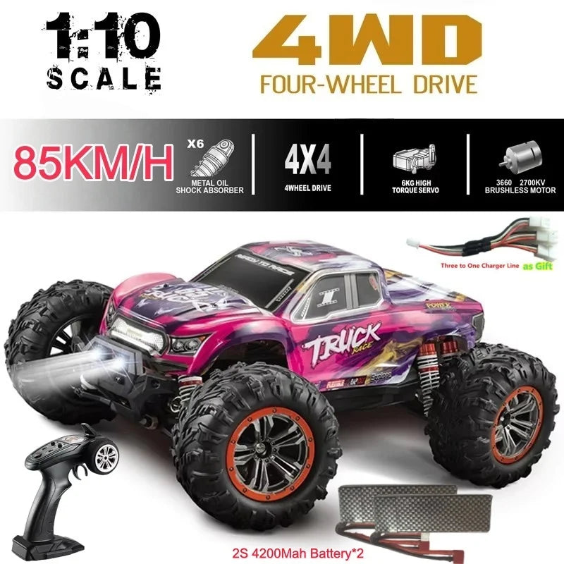 Coche RC 4WD morado con ruedas todoterreno, control remoto y batería