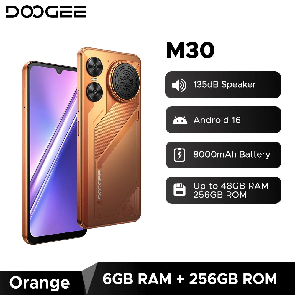 Smartphone DOOGEE M30, batería de 8000mAh, pantalla de 6.88'', 48GB de RAM (6GB+42GB), 256GB de ROM, cámara de 64MP, altavoz de 135dB, Android 16, teléfono móvil con NFC