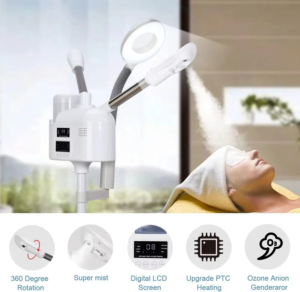 Vaporizador Facial vaporizador de vapor frío y caliente ozono 3 en 1 humidificador Nano iónico mejorado con lámpara de aumento LED 8X salón de belleza Spa
