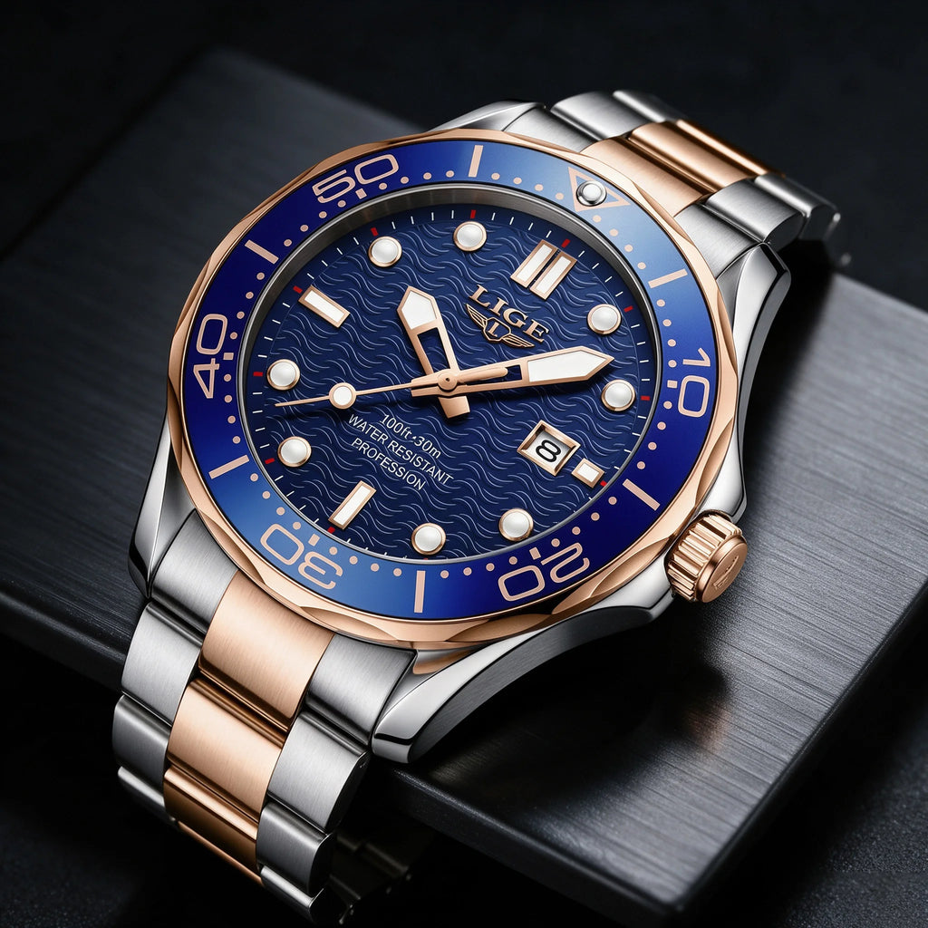 LIGE Classic Quartz Watch for Men Rotating Bezel Luminous Calendar Business Men's Watches Stainless Steel Man Wristwatch+Box