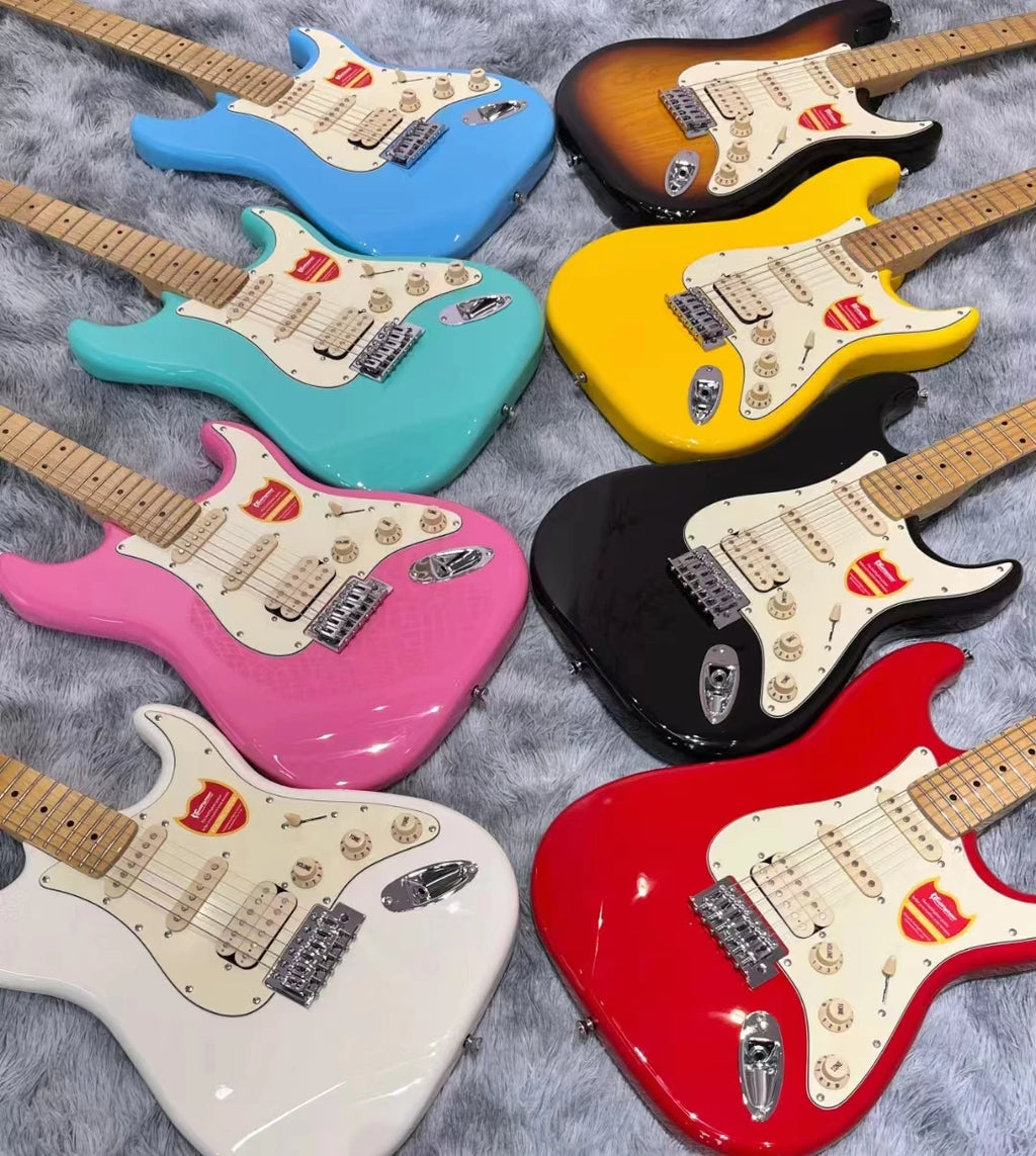 Guitarra Eléctrica Bullfighter Factory Azul Rosa Roja de 22 Trastes con Cuerpo de Álamo Sólido, Mástil de Arce, Cuerdas y Puente Cromado Vintage