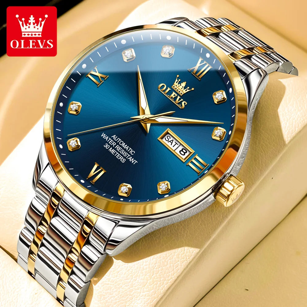Reloj original para hombre OLEVS 9946, reloj mecánico automático de lujo con calendario doble y escala de diamantes para hombre, relojes de pulsera de negocios