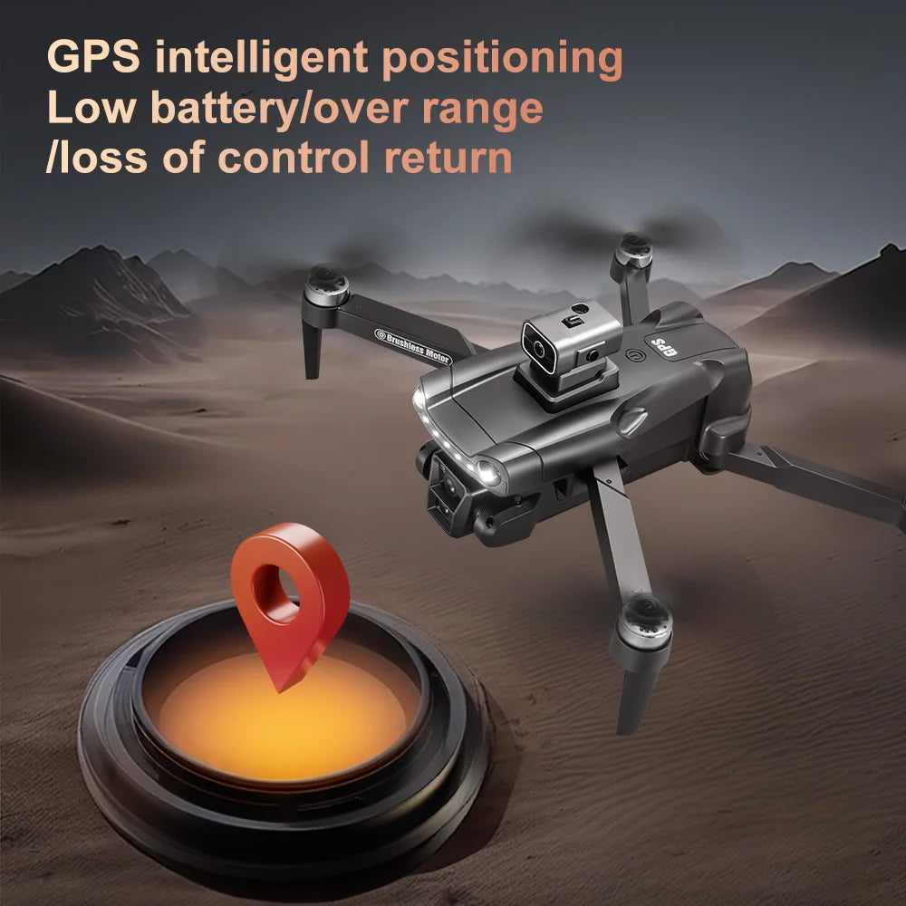 Dron GPS negro con marcador de ruta y pin de ubicación sobre suelo