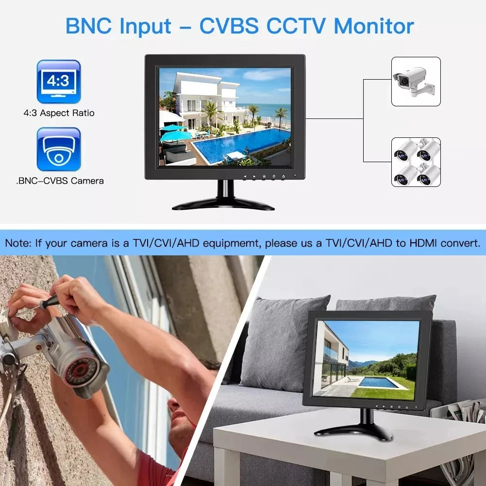 Monitor de escritorio pequeño Eyoyo de 10" HD 1024*768, monitor CCTV con pantalla LCD 4:3, puertos HDMI, VGA, BNC, AV, compatible con montaje en pared, altavoz integrado para videovigilancia.