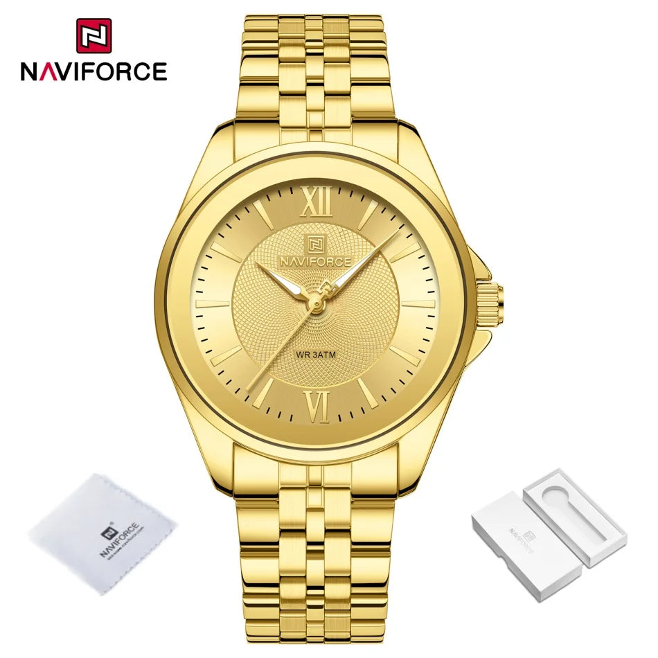 Reloj NAVIFORCE para mujer, creativo, con correa de acero inoxidable, a la moda, elegante, de cuarzo, resistente al agua 30m, reloj de pulsera femenino