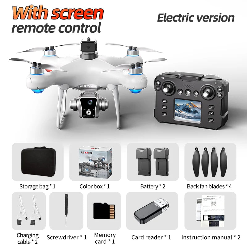 Dron blanco con control remoto de pantalla y accesorios: bolsa, baterías y palas.
