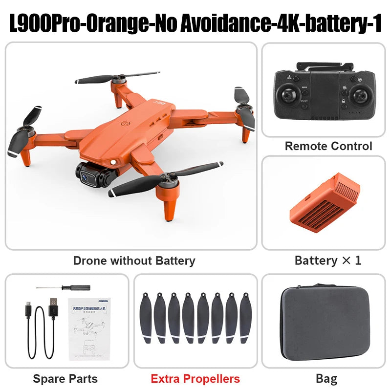 Dron naranja con control remoto, batería, hélices extra y bolsa de transporte