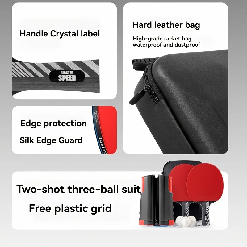 Juego de Raquetas de Tenis de Mesa Boli de Dos Palas y Tres Bolas, Estuche Rígido de Cuero, Juego de Raquetas de Tenis de Mesa Profesionales de Madera Sólida de Siete Capas