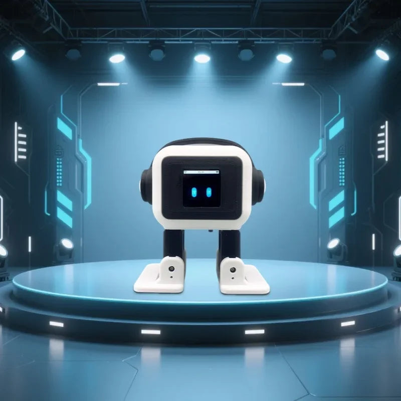 Robot EMO blanco con ojos LED azules y base de dos patas