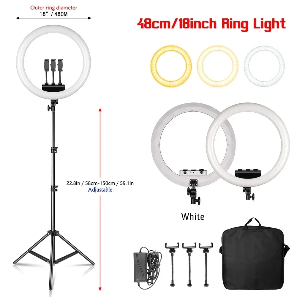 Aro de Luz LED de 45CM / 18 Pulgadas con Diferentes Estilos de Trípode o Soporte o Sin Soporte, Aro de Luz LED Grande de 18 Pulgadas con Control Remoto, Trípode, Soporte para Teléfono, Iluminación para Transmisiones en Vi