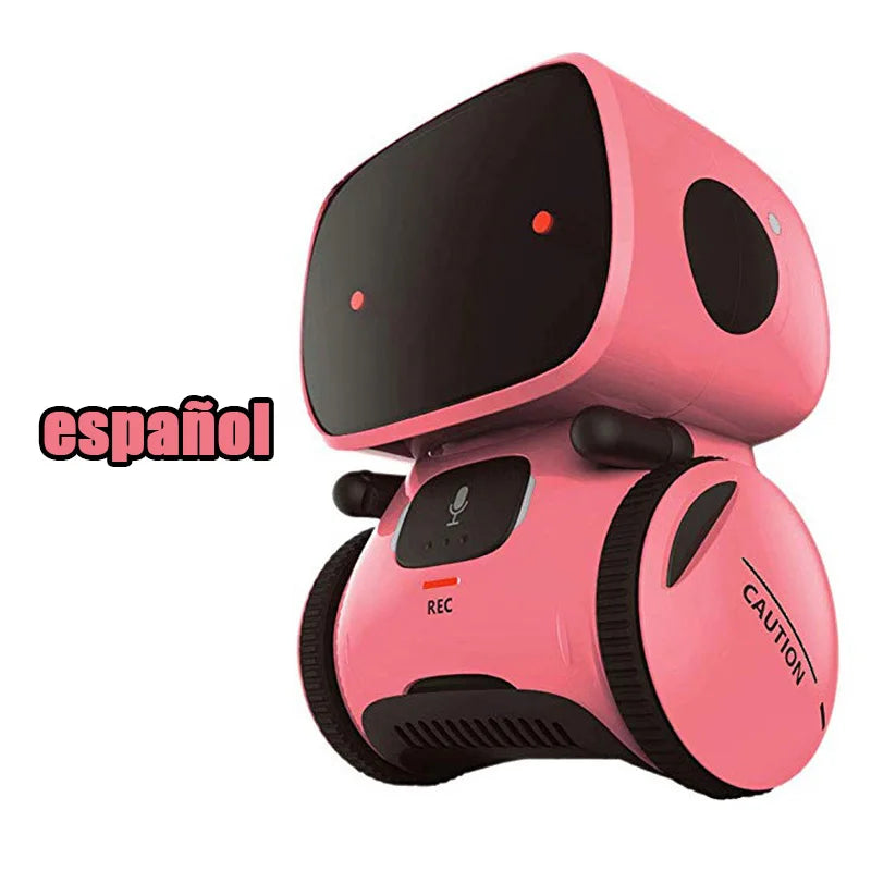 Robot educativo para niños rosa con pantalla negra y control táctil/voz