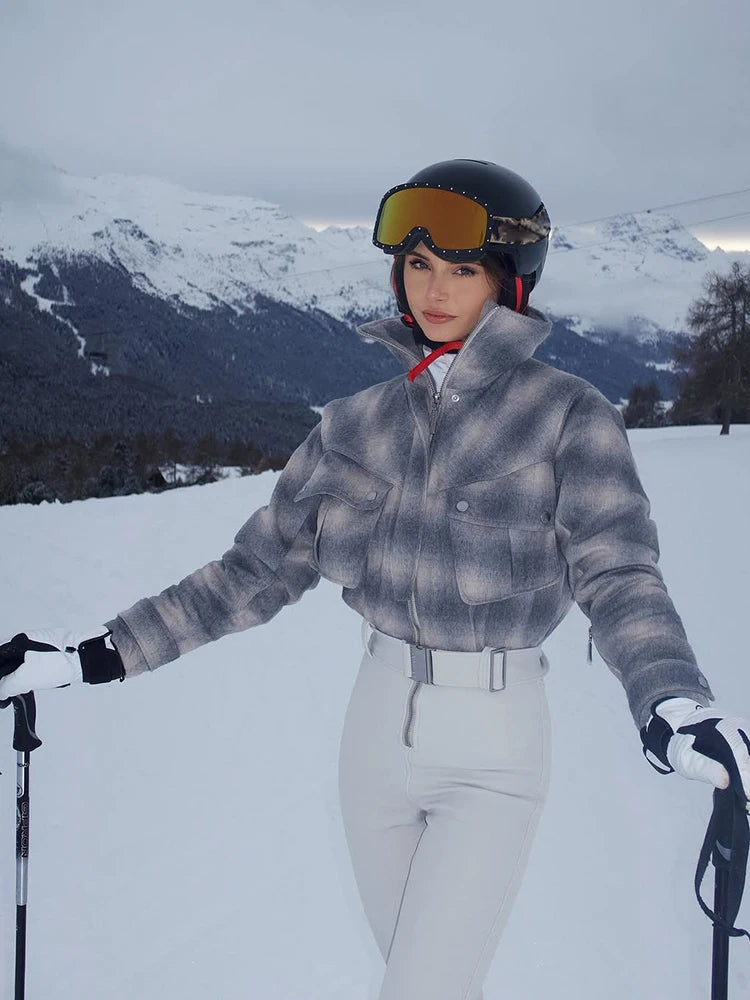 Traje de esquí de una pieza a cuadros para mujer, mono con cuello alto, resistente al viento, con cremallera y cinturón, mono ajustado para snowboard de invierno 2026, para actividades al aire libre