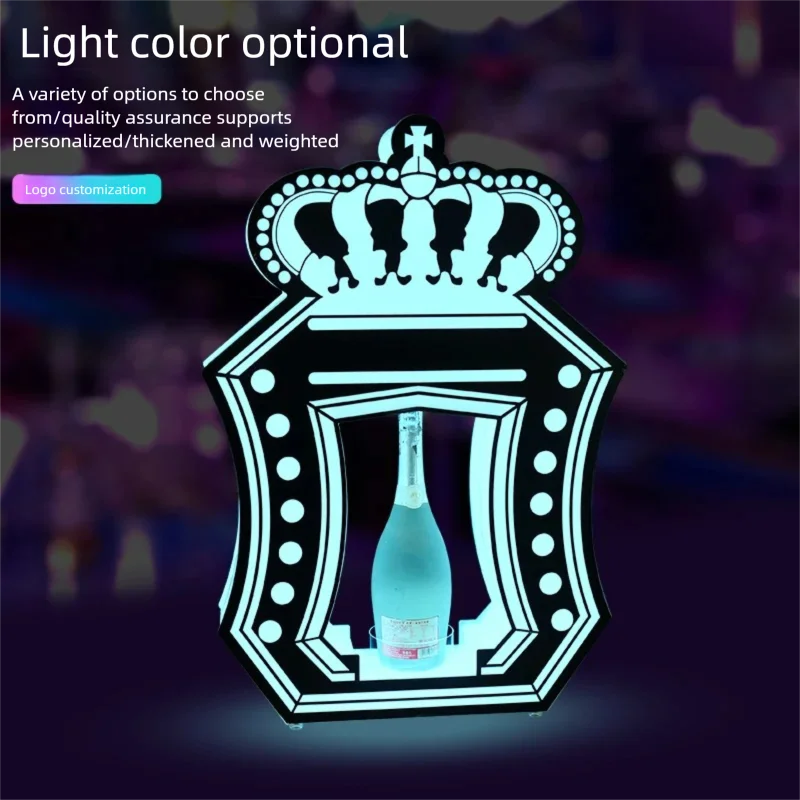 Soporte LED para botella con logo de corona y luz azul verdosa