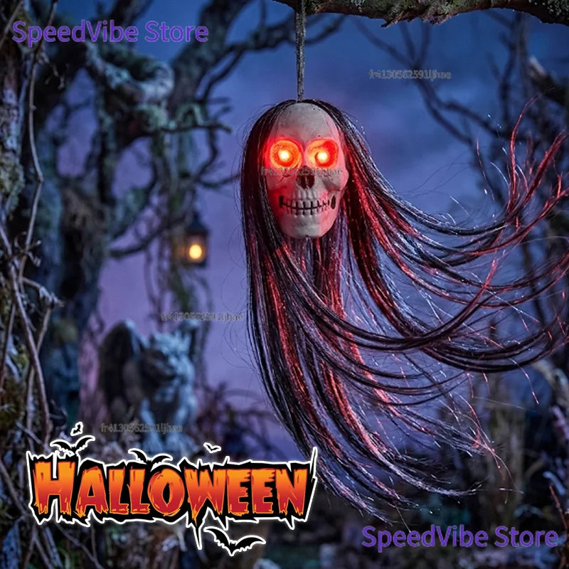 Accesorio de calavera fantasmagórica de Halloween con cabello largo, ojos brillantes, cabeza de esqueleto de terror para decoración de casa embrujada, fiesta y jardín al aire libre
