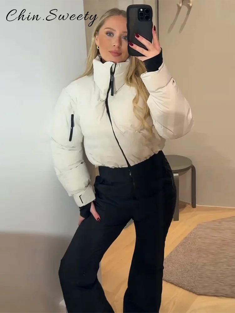 Mono de esquí cálido para mujer con cinturón, cuello alto, manga larga, cremallera, corte recto, grueso, ropa elegante de invierno 2026