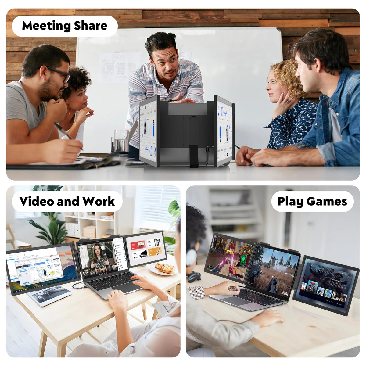 Monitor triple para portátiles Amoudo de 14 pulgadas, 1920*1080P, 60HZ, IPS, portátil, con puerto USB-C para portátiles de 14 a 16.5" Windows/Mac, monitor móvil para Xbox, monitor portátil