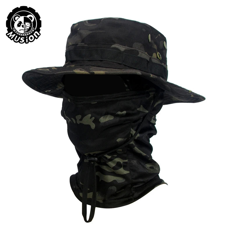 Conjunto de gorro de pescador con ala ancha y pasamontañas de camuflaje Musion para hombre, gorra tipo boonie para exteriores, sombrero de protección solar para pesca
