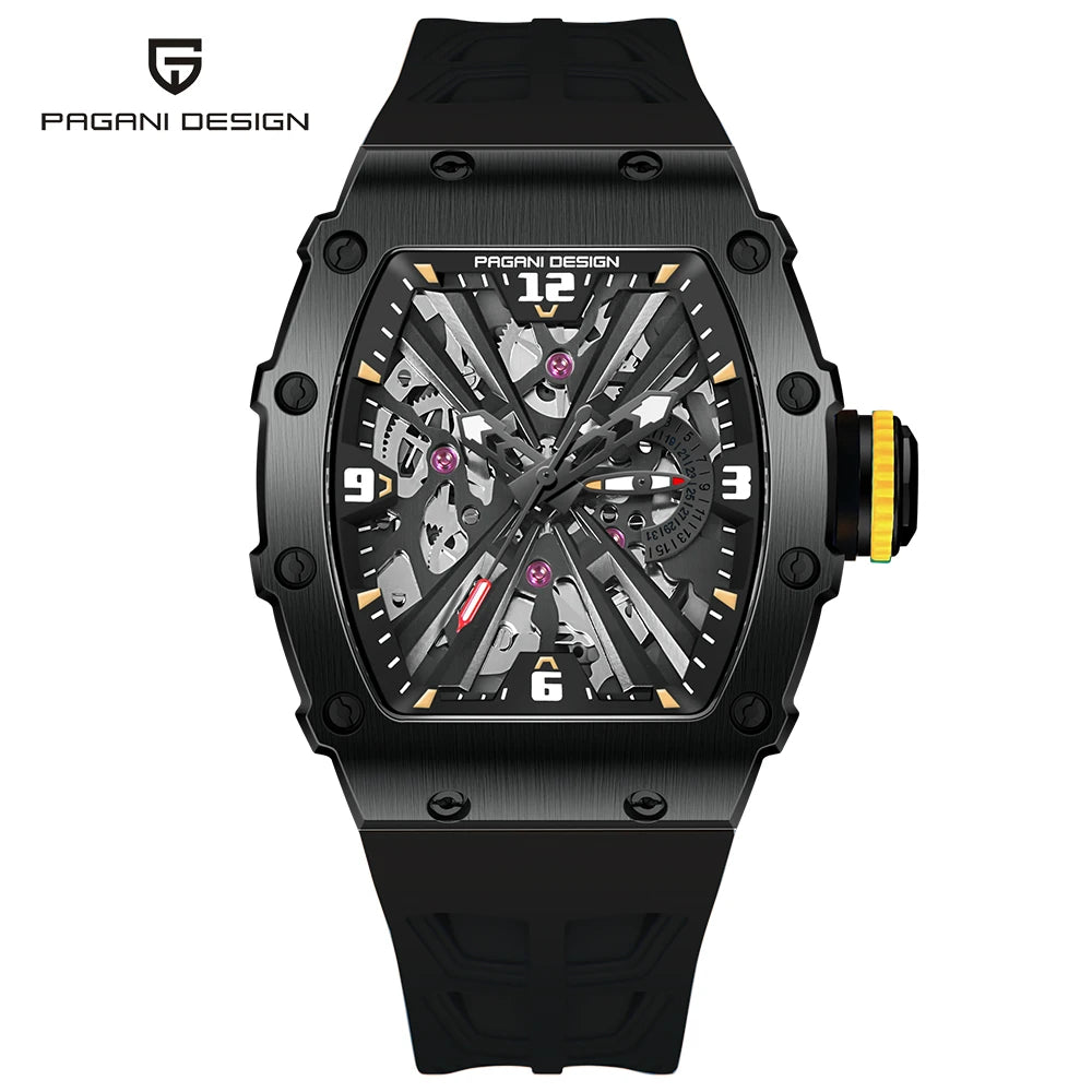 PAGANI DESIGN Nuevo Reloj de Lujo Esqueleto VH65 para Hombre Reloj de Cuarzo 42MM Correa de Caucho Cristal de Zafiro Resistente al Agua Reloj Hombre