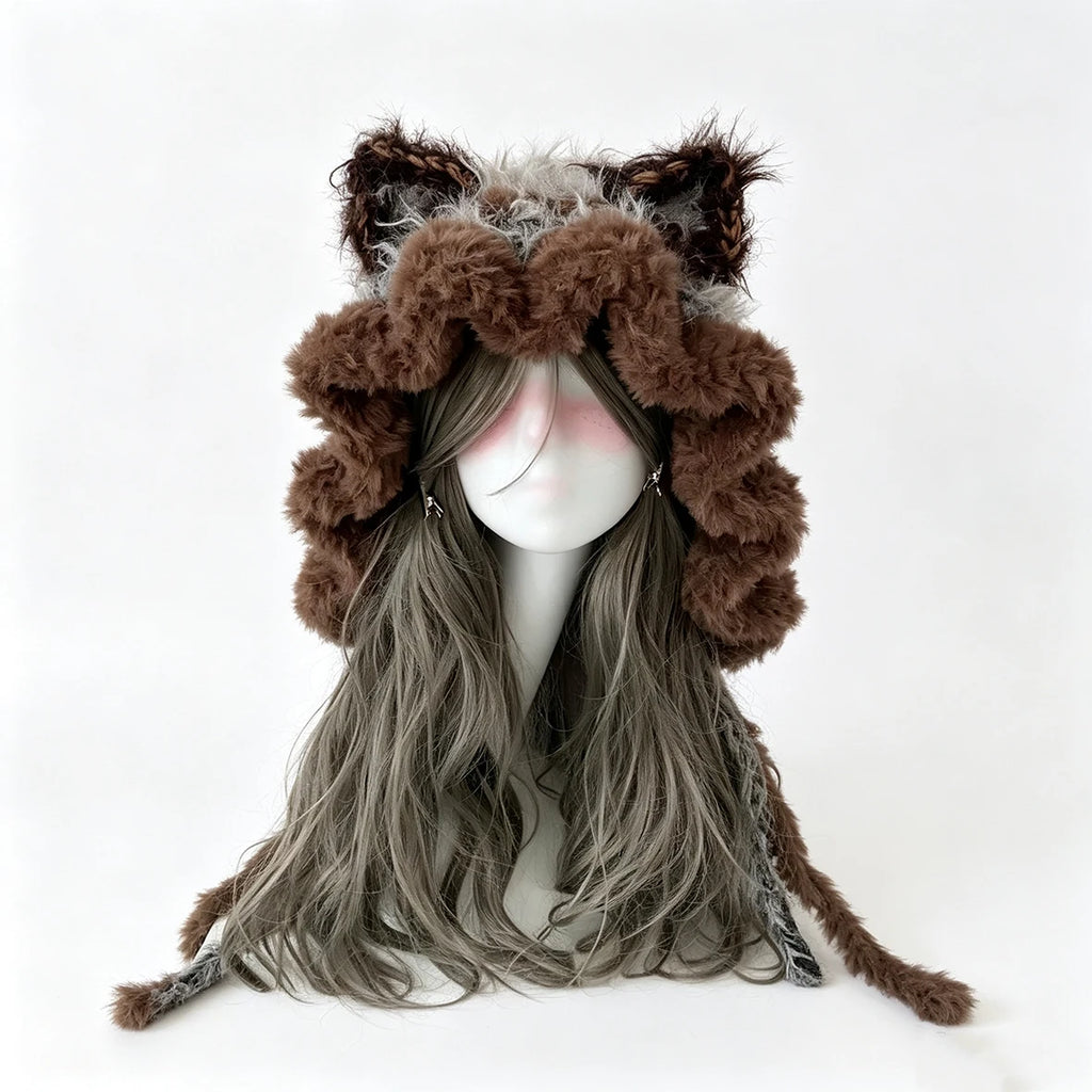 Gorro de ganchillo hecho a mano, personalizado, marrón y gris, con orejas de gato, suave y esponjoso, de punto, para mujer y hombre, cálido para invierno, informal, para cosplay, estilo Goblincore, regalo.