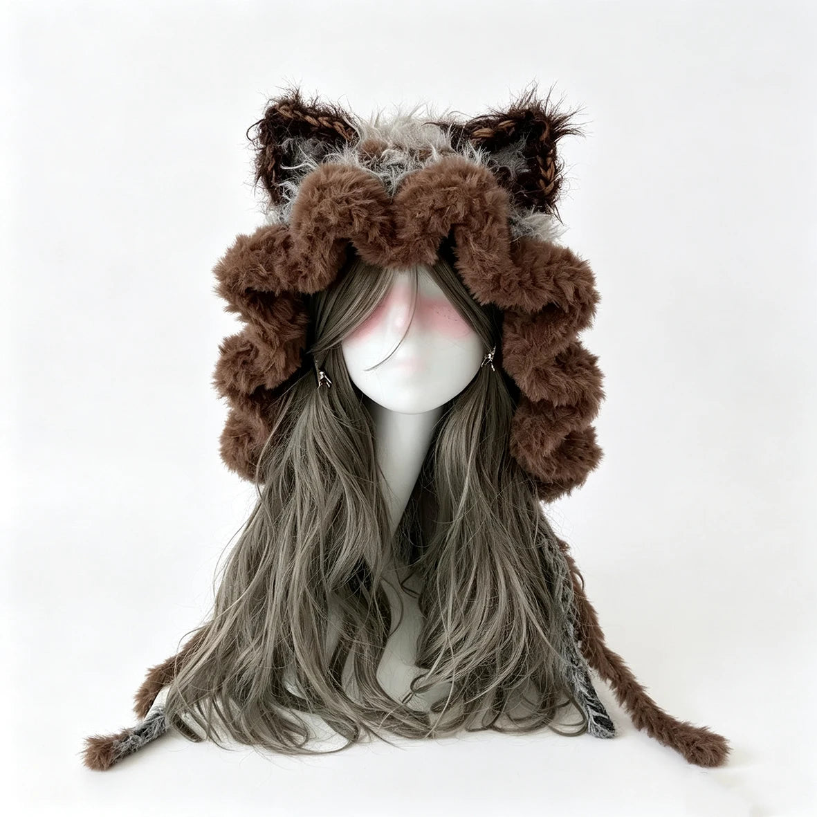 Gorro de ganchillo hecho a mano, personalizado, marrón y gris, con orejas de gato, suave y esponjoso, de punto, para mujer y hombre, cálido para invierno, informal, para cosplay, estilo Goblincore, regalo.