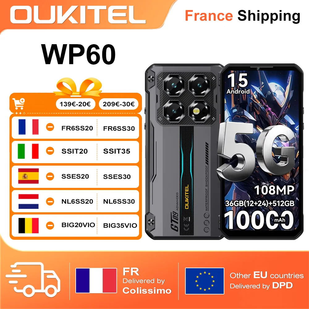 OUKITEL WP60 5G 36GB(12+24) RAM 512GB ROM Pantalla 7,2” HD+ 120Hz Smartphone MTK 7025 10000mAh Teléfono resistente 108MP Android 15 NFC