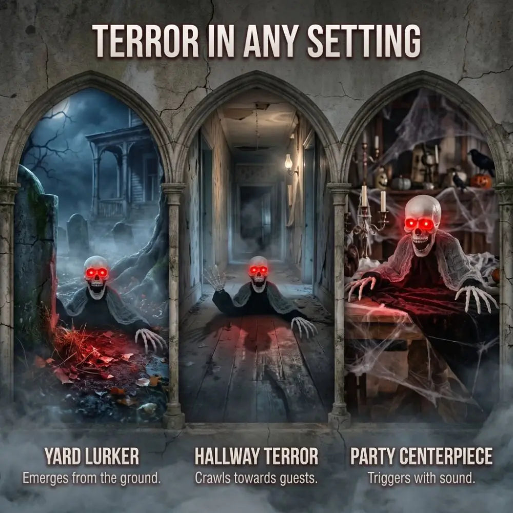 Fantasma de Halloween con Control por Voz, Ojos Rojos Brillantes, Movimiento Automático de Ambas Manos, Cabeza de Zombi Sangrienta que se Balancea en el Patio