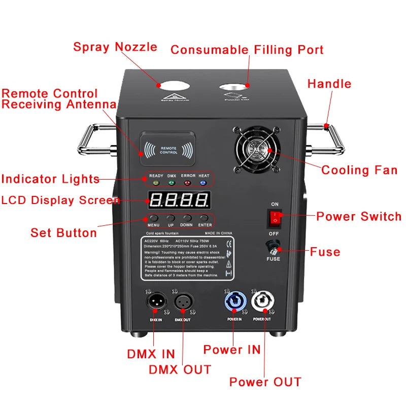 Máquina de chispas frías de 750W con control remoto DMX, máquina de efectos especiales, máquinas de fuegos artificiales para fiestas, bodas, discotecas, DJ, bares, eventos y bailes.
