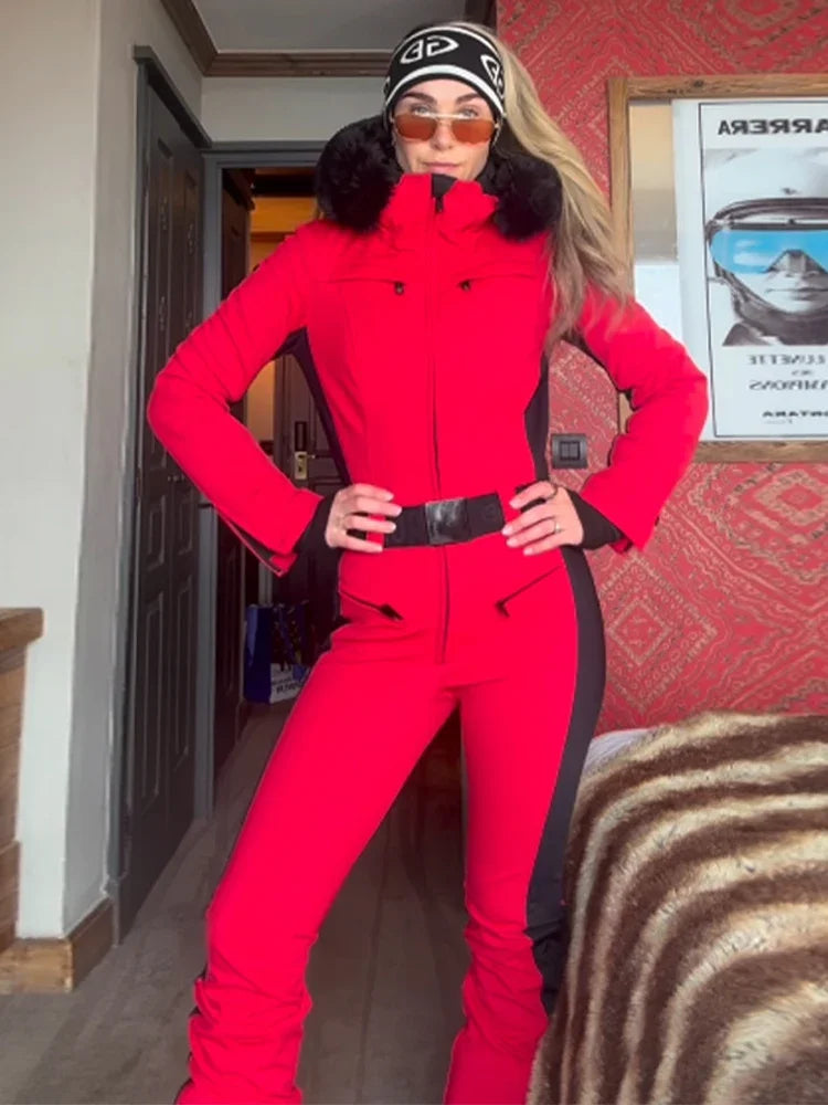 Mono de esquí con capucha de moda para mujer, elegante, con cinturón, parches de piel sintética, cremalleras, bolsillos, cintura alta, ajustado, ropa de esquí deportiva, mono para dama