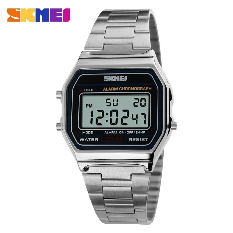SKMEI 1123 Reloj deportivo digital retro de lujo para hombre, reloj de pulsera de acero inoxidable resistente al agua, reloj de acero 1328 Reloj Hombre