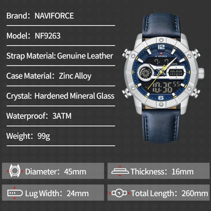 Reloj para hombre NAVIFORCE NF9263 con correa de cuero genuino, cronógrafo, alarma, pantalla luminosa resistente al agua, reloj para hombre con correa de cuero genuino