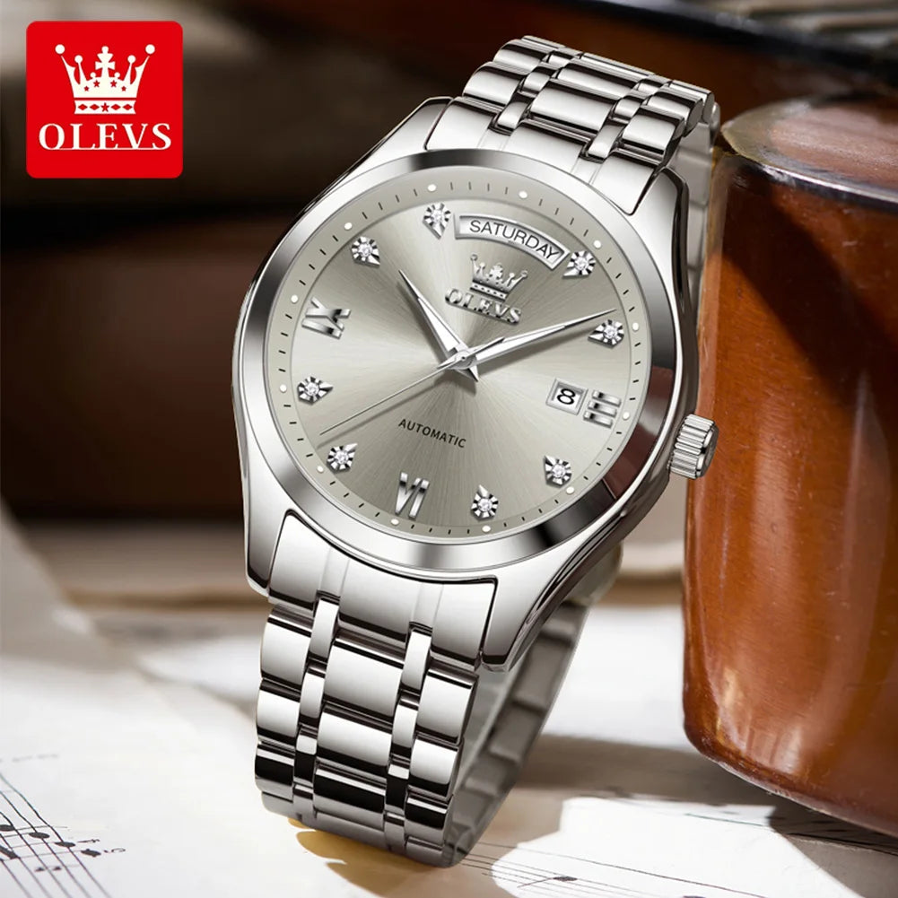 Reloj original de la marca OLEVS 6752 para hombre, reloj mecánico sencillo de lujo con correa de acero y caja de regalo.
