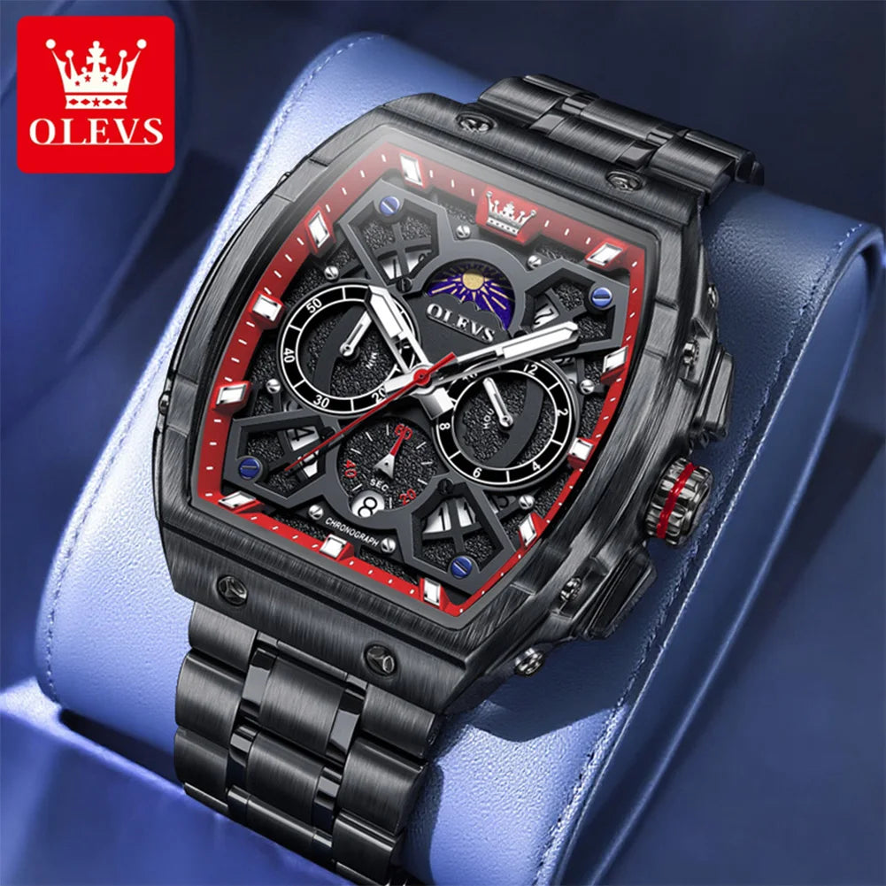Reloj para hombre OLEVS esqueleto con fase lunar, resistente al agua, de acero inoxidable, con fecha automática, reloj original para hombre