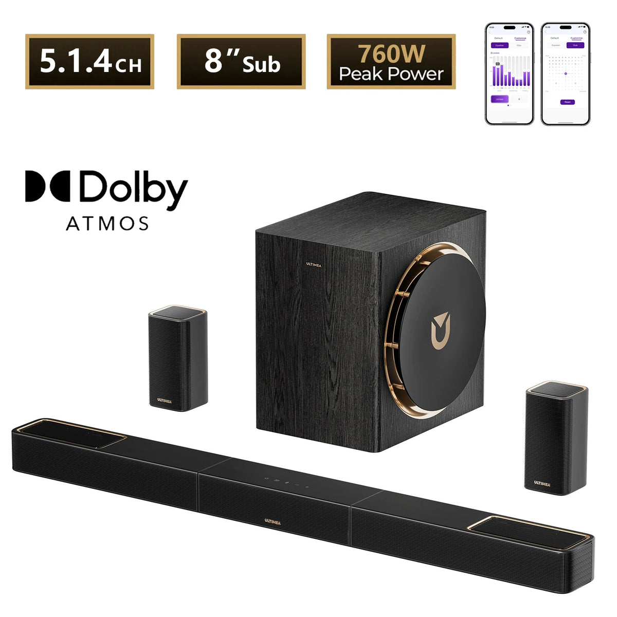 Kit de barra de sonido con subwoofer inalámbrico de 8" y dos altavoces traseros