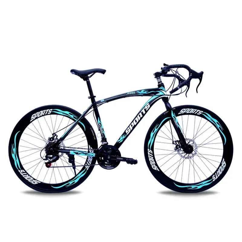 Bicicleta de carreras de 26 pulgadas con cuadro de acero al carbono, 21 velocidades, manubrio curvo, doble freno de disco y rines de 60 mm para adultos