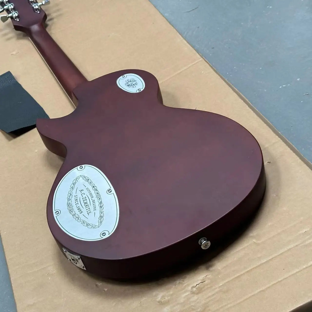 Guitarra eléctrica de duraluminio tallada a mano con grabado floral en espiral, ribete rojo marrón, humbuckers HH, puente fijo y mástil de palisandro especial I