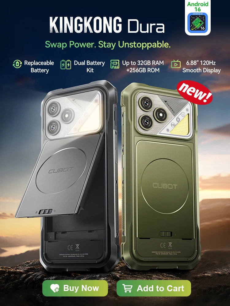 Smartphone resistente Cubot KingKong Dura con Android 16, hasta 32GB de RAM + 256GB de ROM, pantalla de 6.88 pulgadas a 120Hz, IP68/IP69 y MIL-STD-810H, NFC