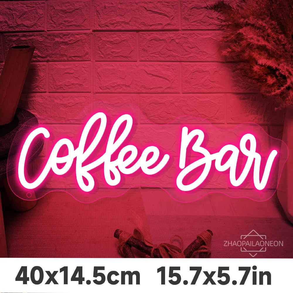Letrero neón LED con texto «Coffee bar» en rosa
