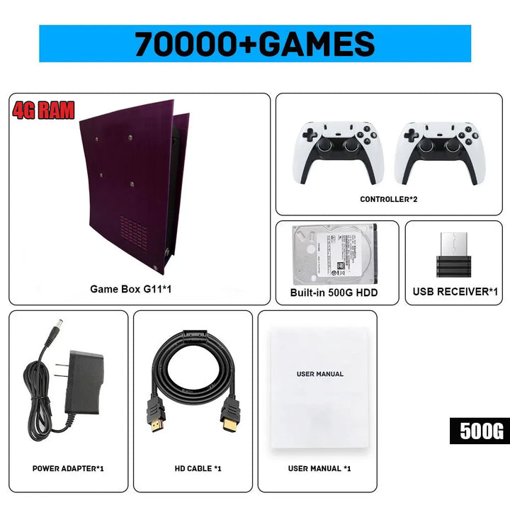 Consola de videojuegos retro G11, disco duro de 500 GB, con más de 70 000 juegos, salida de alta definición 4K, más de 60 emuladores, compatible con Xbox y Wii, y con mando inalámbrico.