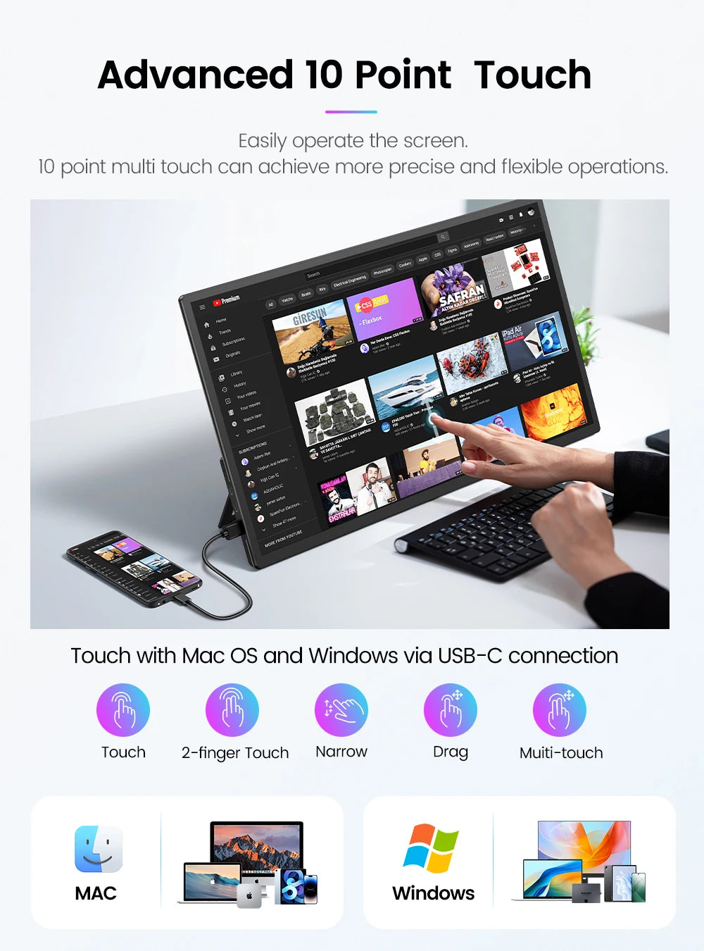 Monitor portátil táctil EVICIV de 10 puntos 21.5 pulgadas FHD 105% sRGB 120Hz HDMI USB-C Pantalla de viaje para portátil MacBook PC Superficie PS5 Xbox Gran pantalla externa con soporte VESA compatible