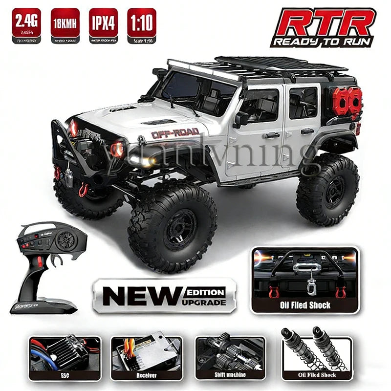 Coche RC 1/10 vehículo a control remoto 2.4G rock crawler de escala completa, camión todoterreno 4WD para escalar con luz LED
