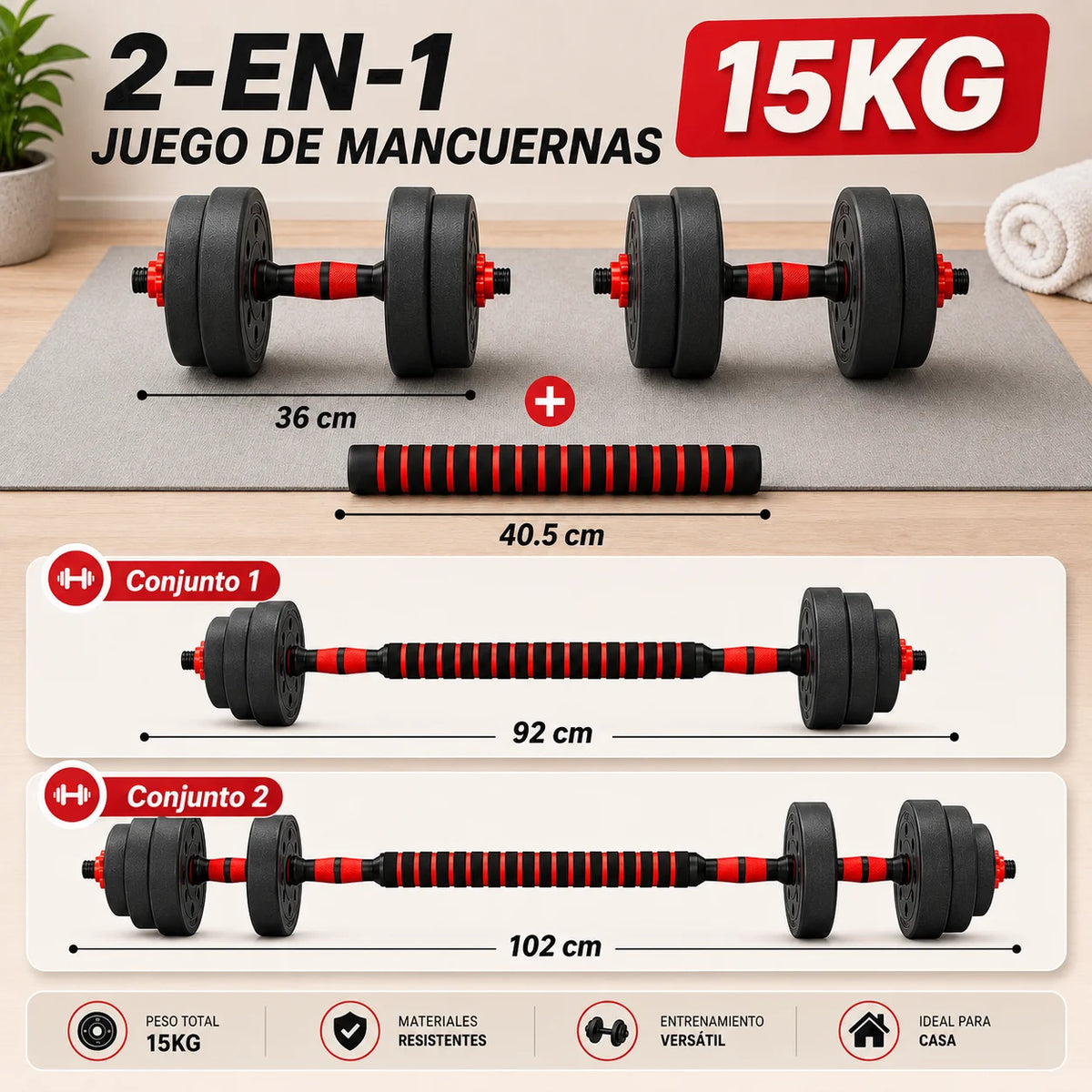 Mancuernas y Kit de Pesas 10kg 15kg 20kg 30kg 40kg, Juego de Pesas 2 en 1 con Barra Recta y Discos Recubiertos, Mancuernas para Fitness en Casa, Musculación, Entrenamiento de Fuerza, Ejercicios de Gimnasio y Deportivo